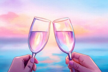 Two glasses clinking at sunset, celebrating special moments by the sea.