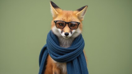Fototapeta premium Mischievous fox in shades and scarf light green background close-up portrait