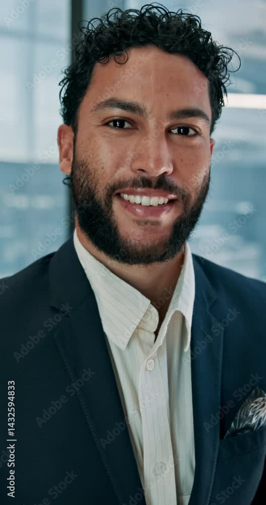 Poster Tablet, office and face of business man with smile for research, internet and online for finance company. Happy, corporate and portrait of worker on tech for career, job or financial consultant