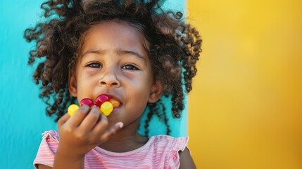 Joyful child celebrating international children's day with colorful sweets. International Day of the African Child