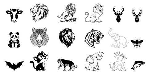 Obraz premium Set of Wild Animals: Lion, Tiger, and Elephant Vector Illustrations, Strong and Majestic Animal Artwork.
