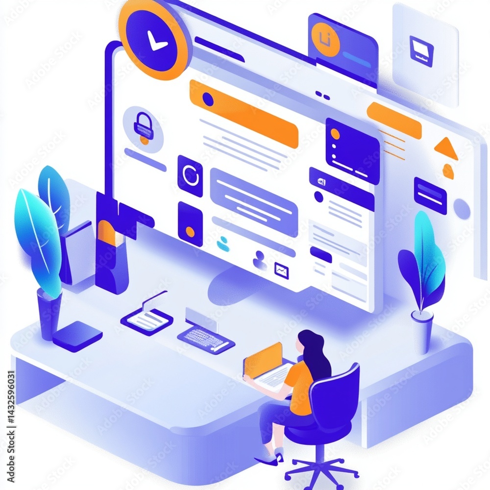 Poster modern woman working on secure online interface digital design isometric illustration web desk data