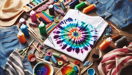 Fototapeta premium Gather tie dye supplies and plain white shirts Wear old clothes