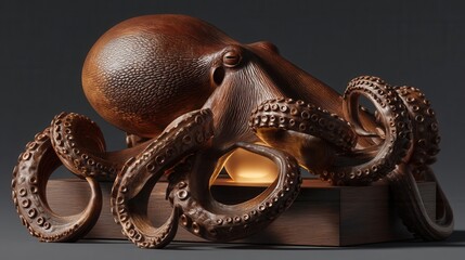 Detailed wooden sculpture of an octopus, illuminated base.