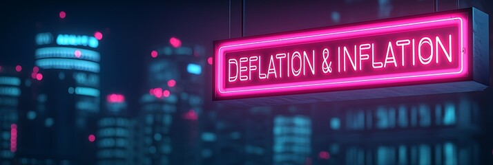 Neon sign displaying "Deflation & Inflation" against a city skyline at night, emphasizing economic themes in a vibrant urban setting.