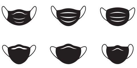various medical mask, medical face mask  black vector icon silhouettes