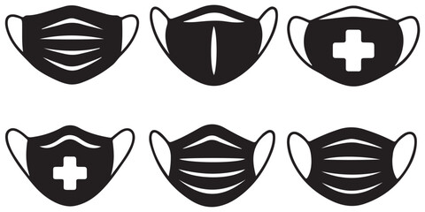 various medical mask, medical face mask  black vector icon silhouettes