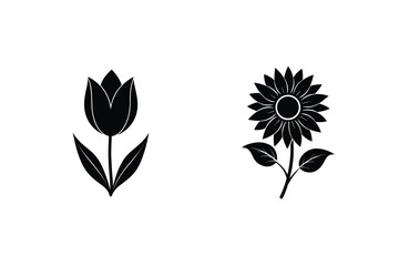 Black And White Flower Icons Tulip And Sunflower Illustration Isolated