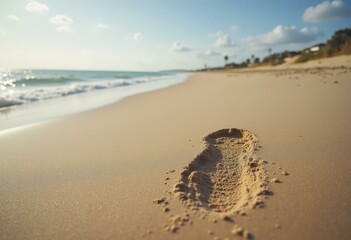 Single Footprint in Golden Sand by Ocean