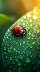 A ladybug is sitting on a leaf that is covered in raindrops
