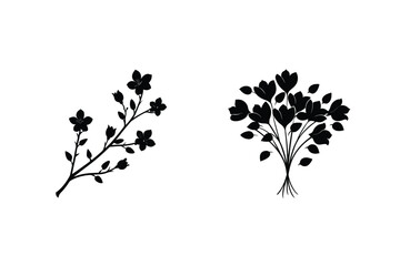 Black And White Flower Silhouette Illustration Of Blooming Branch And Bouquet Isolated
