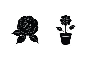 Black And White Floral Vector Set With Rose And Flower In A Pot