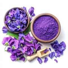 Fresh and dried butterfly pea flower extract, isolated on white background, natural hair dye"