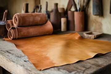 Rolled and flat tanned leather hides on a rustic workshop table.