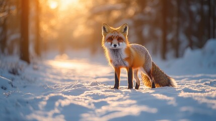 Fototapeta premium Snowy winter forest path with a red fox, captured during sunrise.