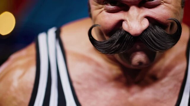 Strongman flexing muscles and making faces in circus tent