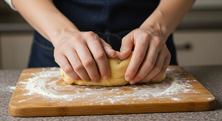A pair of hands is busy rolling out fresh yellow pasta dough on a wooden cutting board sprinkled with flour