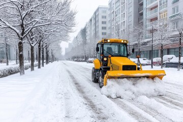Professional Snow Plow Vehicle Clearing Snowy Urban Roads: Essential Winter Maintenance & Public Works Services in Cityscapes