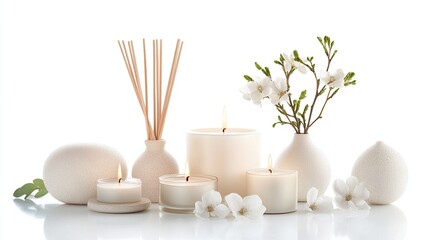 Spa scene with candles, flowers, and diffuser.