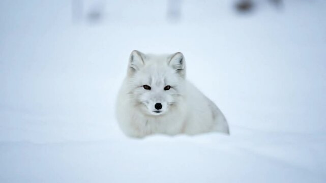 Beautiful Arctic fox portrait sitting calmly in deep white snow. Close up of wild animal in winter habitat