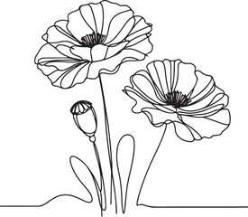 Poppy flowers in continuous line art drawing style