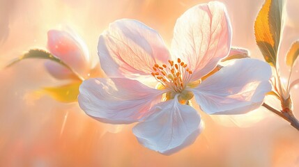 Obraz premium Blossom White flower blooming, sunlight backlighting, ethereal dreamy background