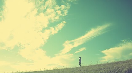 Solitary Figure Walking Across a Vast Meadow Under a Dreamy Sky