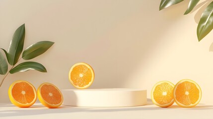 Summer mockup concept for product presentation. Empty podium and orange fruits on beige background. 3d rendering illustration
