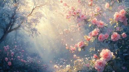Spring Awakening with Pastel Hues, Soft Morning Light, and Rose Petals in Flowering Garden.