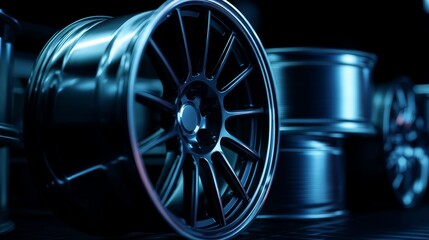 Sleek metallic car rims in dark tones illuminated by blue light, styled for racing or car mod concepts. 