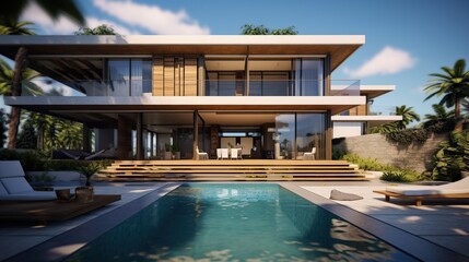 Modern Villa with Swimming Pool and Tropical Landscape
