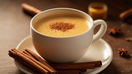 Fototapeta premium A golden honey and cinnamon milk in a ceramic mug