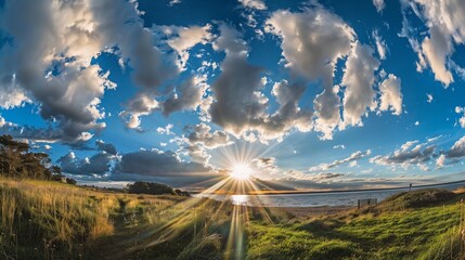 Coastal sunset, sunburst, cloudscape, beach, grass, scenic, panoramic, nature