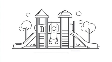 Kids playground with slides, swings, and climbing structures, sunny day