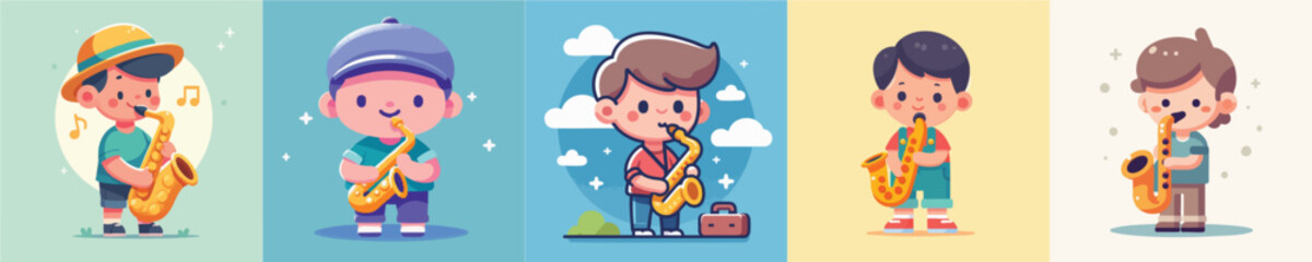 vector character of a little boy playing the saxophone