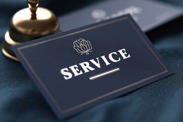 Close up of a service card on a dark surface with a bell in the background. The card reads service concept for hospitality industry or hotel services.