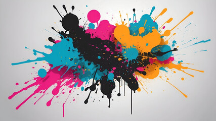 "Vibrant Abstract Ink Splatter Explosion with Black, Teal, and Yellow Paint on White Canvas"

