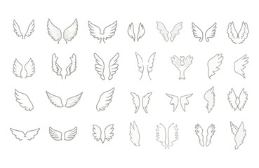 A grid of 25 minimalist, line art drawings of various wing designs, each with a unique shape and style. The wings are evenly spaced in a 5x5 grid, with a white background. 