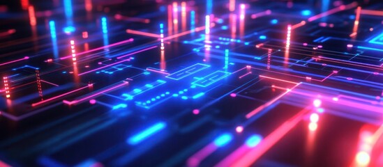 Abstract glowing circuit board design illuminating data flow in vibrant colors