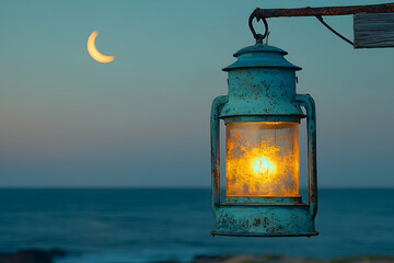 Glowing lantern peaceful evening water scene