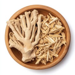 Fresh and dried ginger root, isolated on white background, known for enhancing brain function"