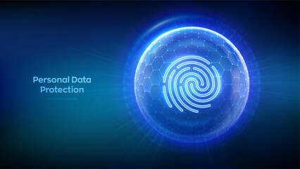 Personal data protection. Biometrics identification. Cyber security. Password control. Fingerprint icon inside transparent sphere shield with hexagon pattern on blue background. Vector illustration.