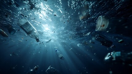 Plastic pollution floating underwater, harming the ocean environment