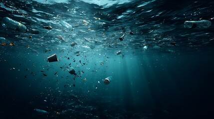 Fototapeta premium Plastic pollution floating underwater, harming the ocean environment