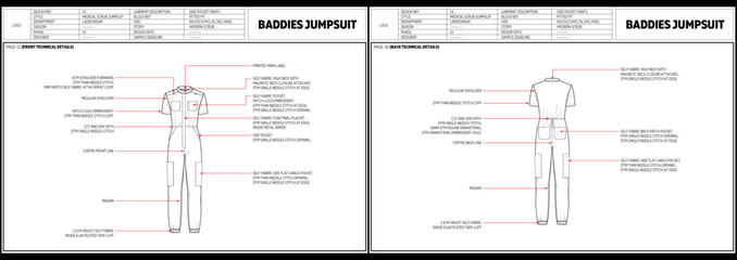 Ladies medical scrub jumpsuit technical drawing fashion tech pack vector illustration template front and back views outline CAD mockup