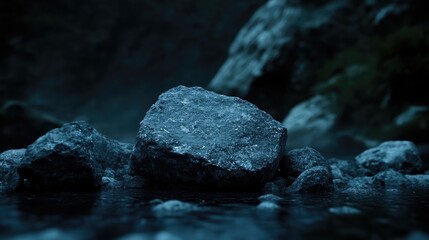 Fototapeta premium Dark, serene rock formations by a stream