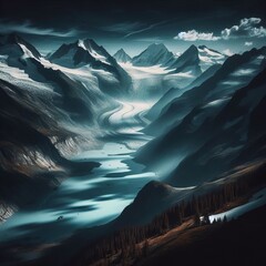 The deep shadows at the base of glaciers