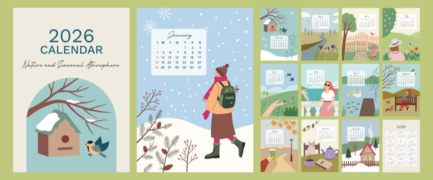 Illustrated Calendar 2026 with hand drawn scenes inspired by nature and seasons. Week start fron Sunday. Set of 12 months, cover and one sheet of the 2026 year. Template for A4 A3 A5 size