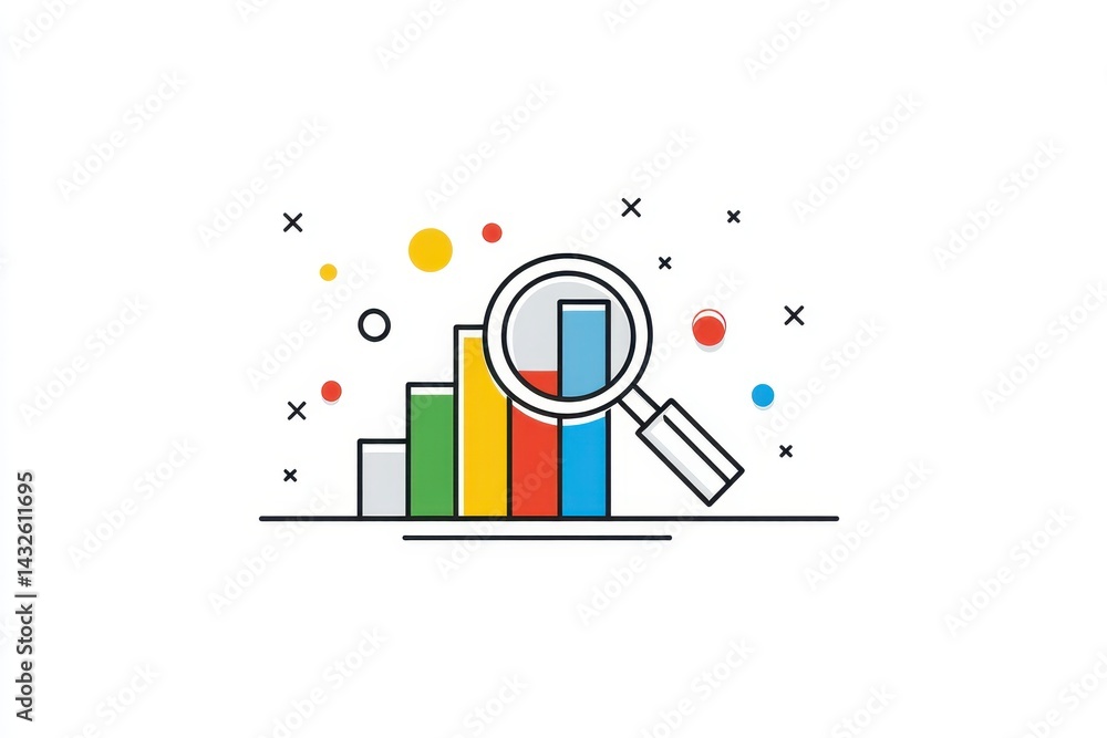 Poster magnifying glass analyzing bar graph showing growth and progress