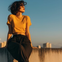 Fashion mockup of diverse female model in mustard crop t-shirt on urban rooftop, Ai generate